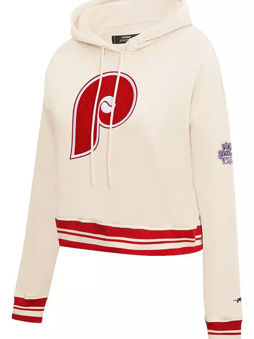 Majestic Cream Hoodie with Red Logo and Stripe Trim